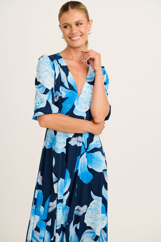 Ronda Maxi Wrap Dress in in Navy with Blue Floral OMFORT