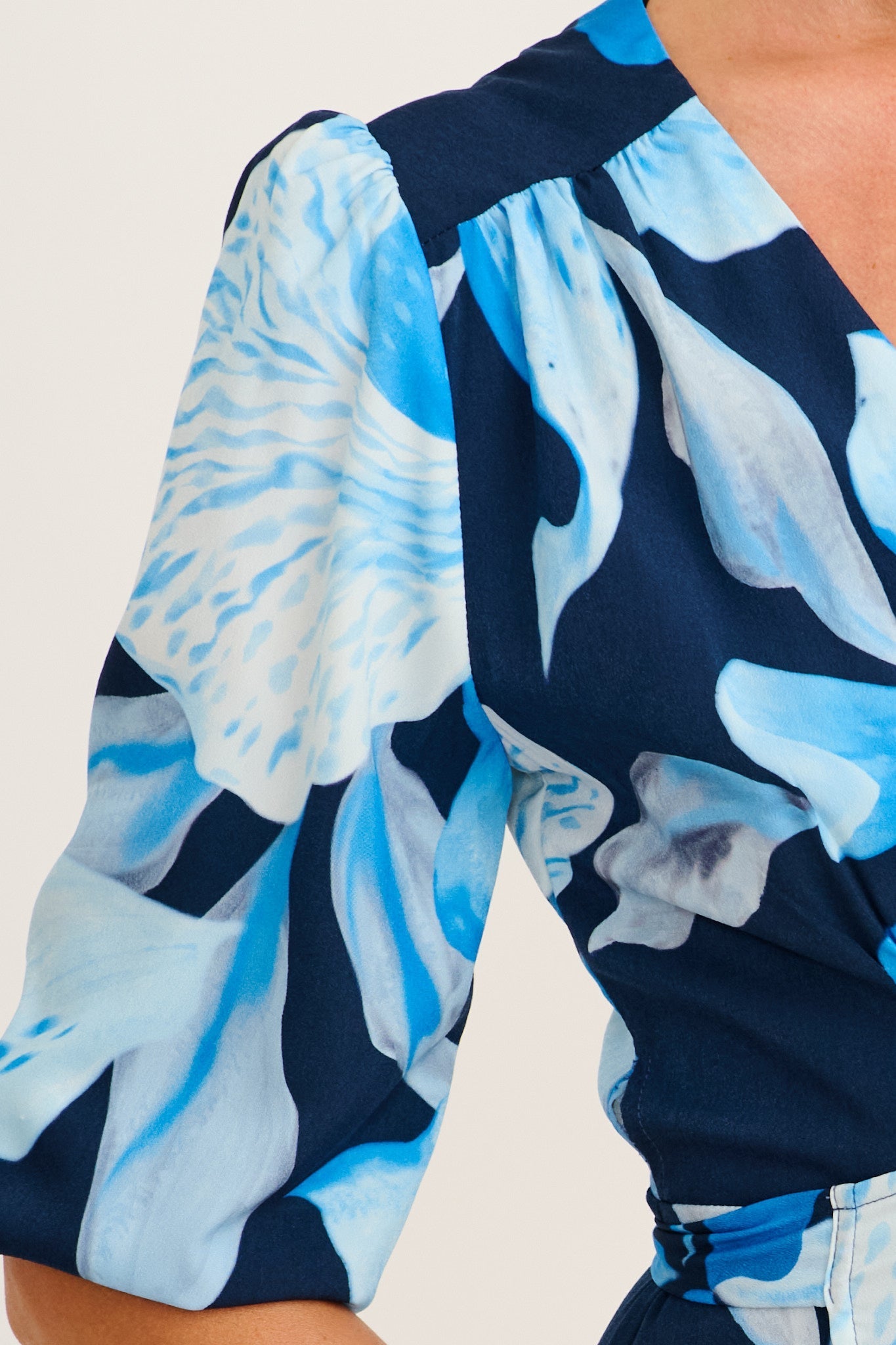 Ronda Maxi Wrap Dress in in Navy with Blue Floral OMFORT