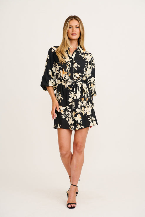 Floral Dreams Shirt Dress in Black Floral OMFORT