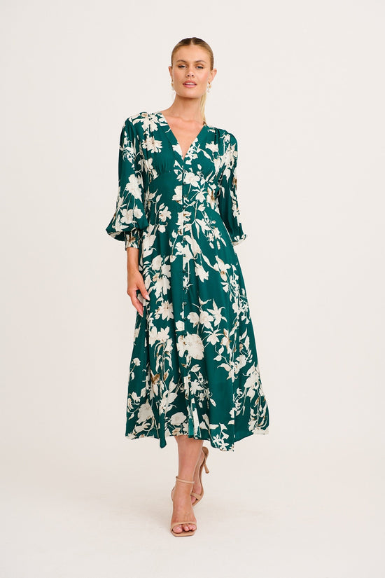 Golden Bloom Maxi Dress in Emerald Print OMFORT