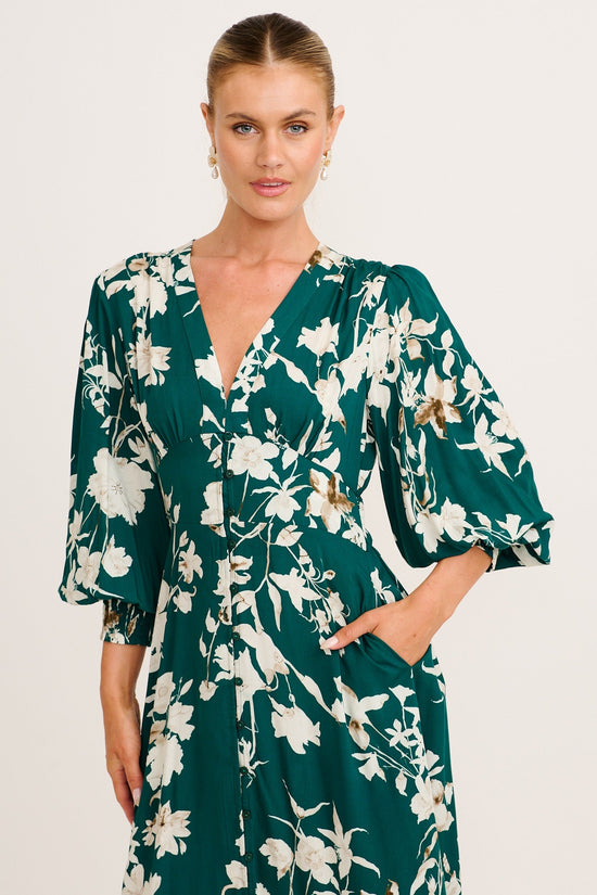 Golden Bloom Maxi Dress in Emerald Print OMFORT