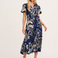 Stylish World Maxi Shirt Dress in Navy with Cream print OMFORT