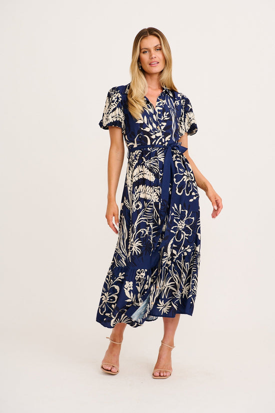 Stylish World Maxi Shirt Dress in Navy with Cream print OMFORT