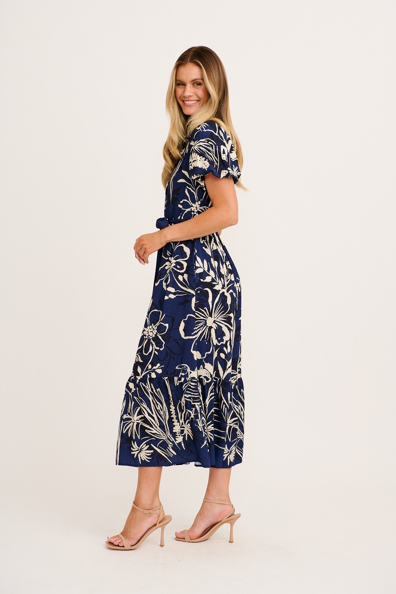 Stylish World Maxi Shirt Dress in Navy with Cream print OMFORT