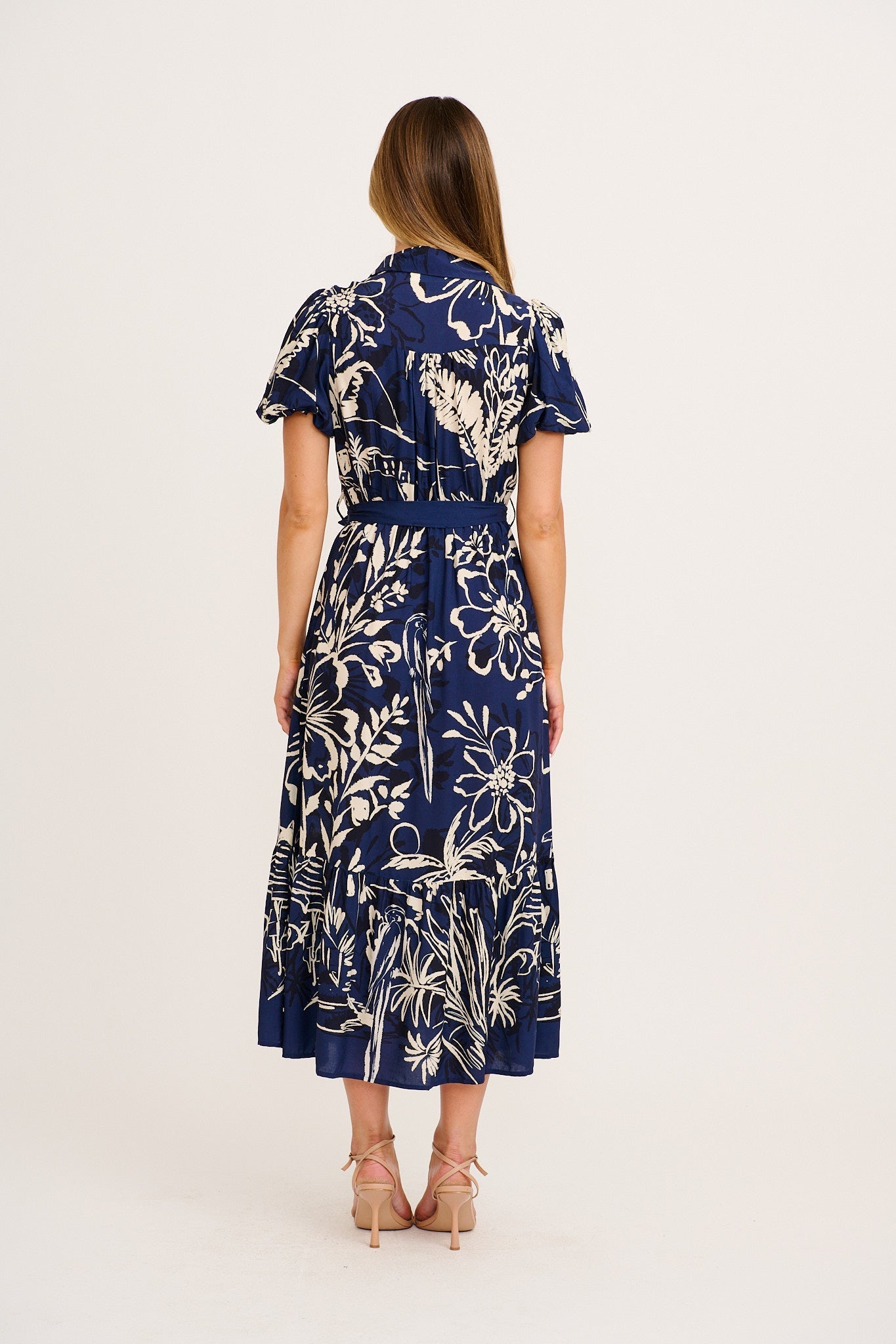 Stylish World Maxi Shirt Dress in Navy with Cream print OMFORT