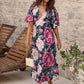 Secret Radiance Maxi Dress in Navy with Pink Floral Linen Blend OMFORT
