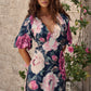 Secret Radiance Maxi Dress in Navy with Pink Floral Linen Blend OMFORT