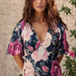 Secret Radiance Maxi Dress in Navy with Pink Floral Linen Blend OMFORT