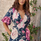 Secret Radiance Maxi Dress in Navy with Pink Floral Linen Blend OMFORT