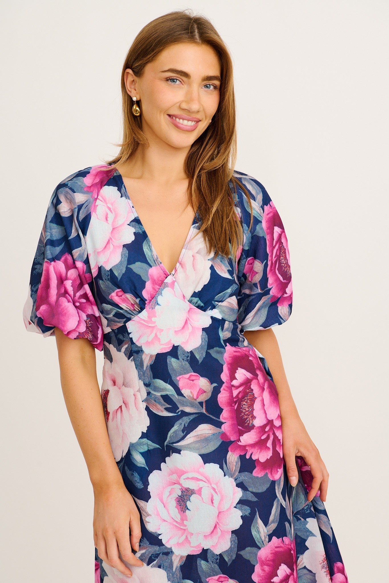 Secret Radiance Maxi Dress in Navy with Pink Floral Linen Blend OMFORT