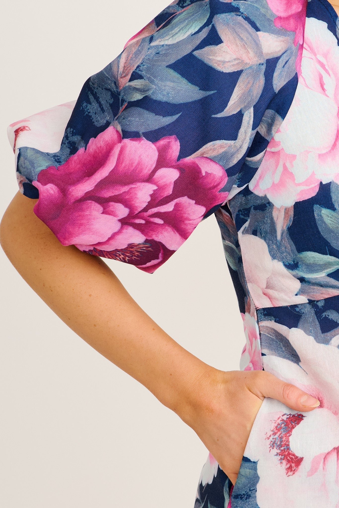 Secret Radiance Maxi Dress in Navy with Pink Floral Linen Blend OMFORT