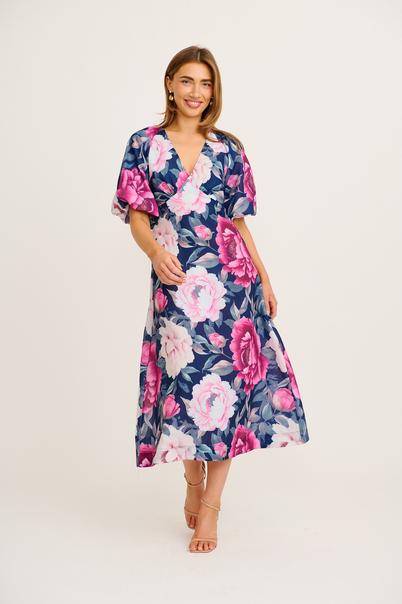 Secret Radiance Maxi Dress in Navy with Pink Floral Linen Blend OMFORT