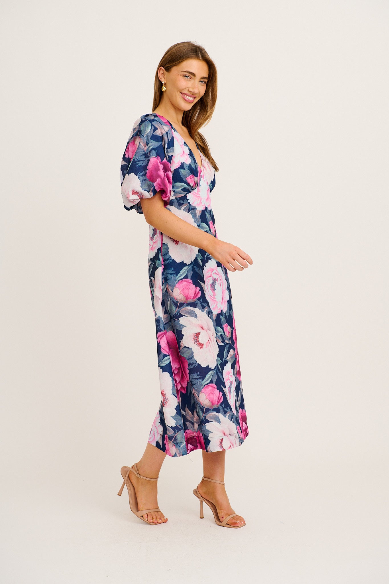 Secret Radiance Maxi Dress in Navy with Pink Floral Linen Blend OMFORT