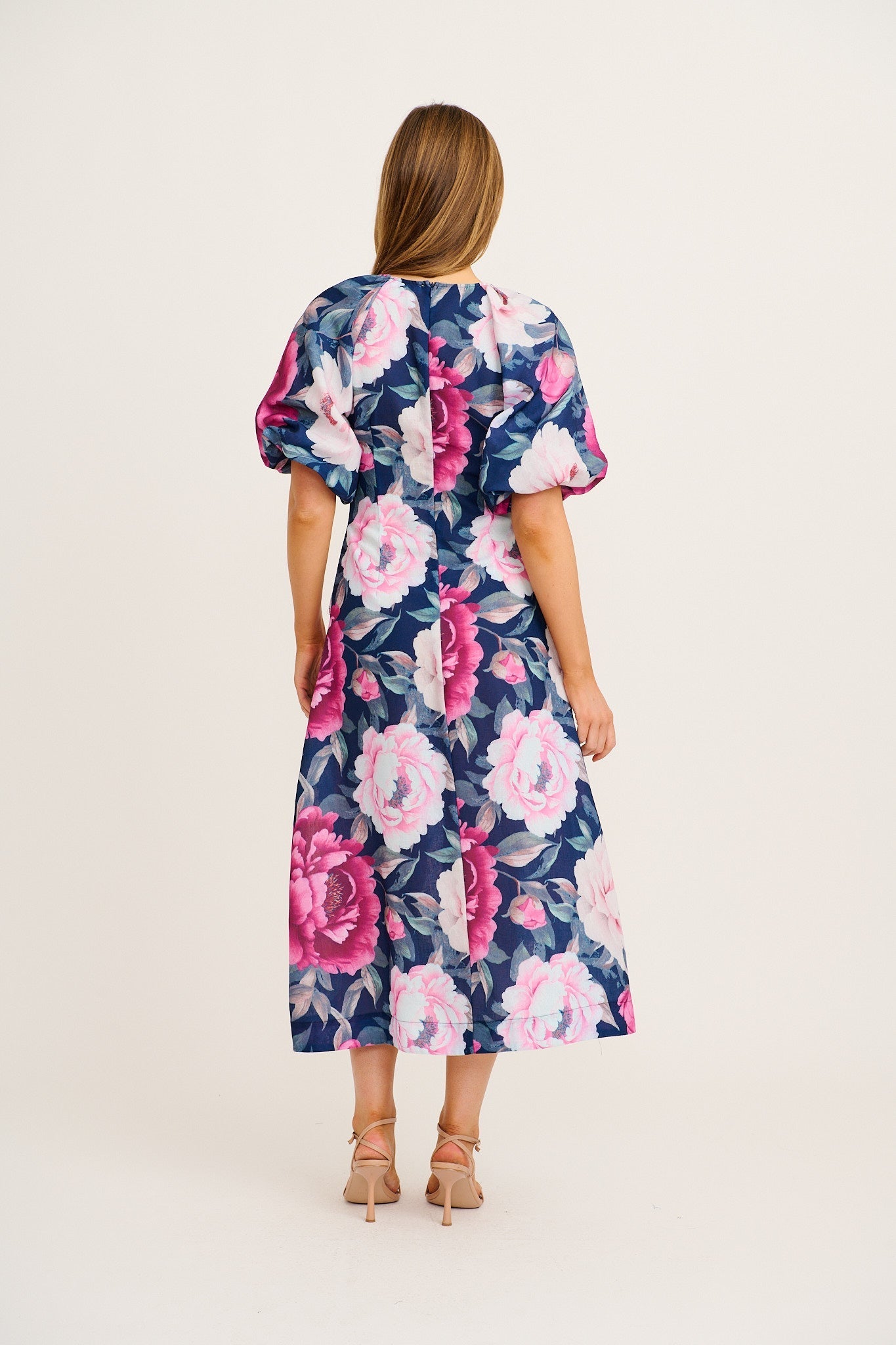 Secret Radiance Maxi Dress in Navy with Pink Floral Linen Blend OMFORT