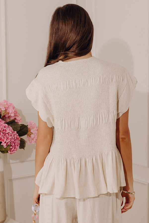 Seaside Bistro Linen-Blend Smocked Top in Oatmeal OMFORT