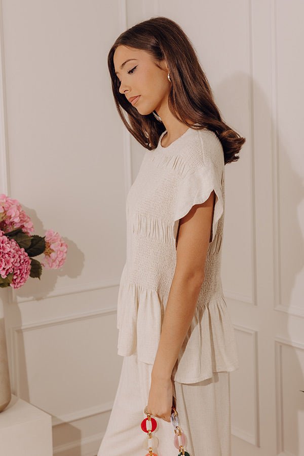 Seaside Bistro Linen-Blend Smocked Top in Oatmeal OMFORT