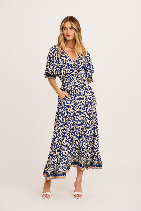 Nona Midi Dress in Navy and Cream Print OMFORT