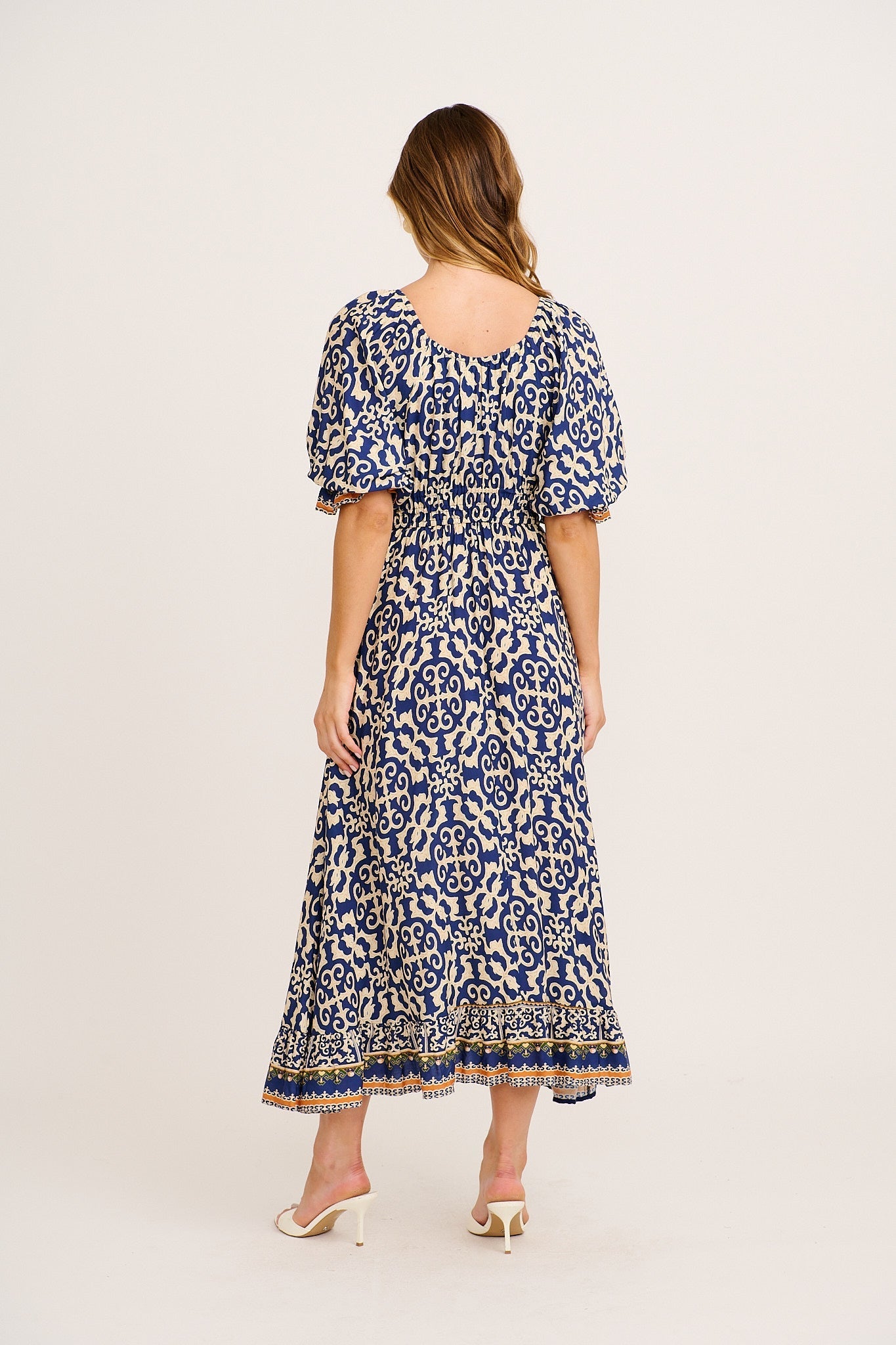 Nona Midi Dress in Navy and Cream Print OMFORT