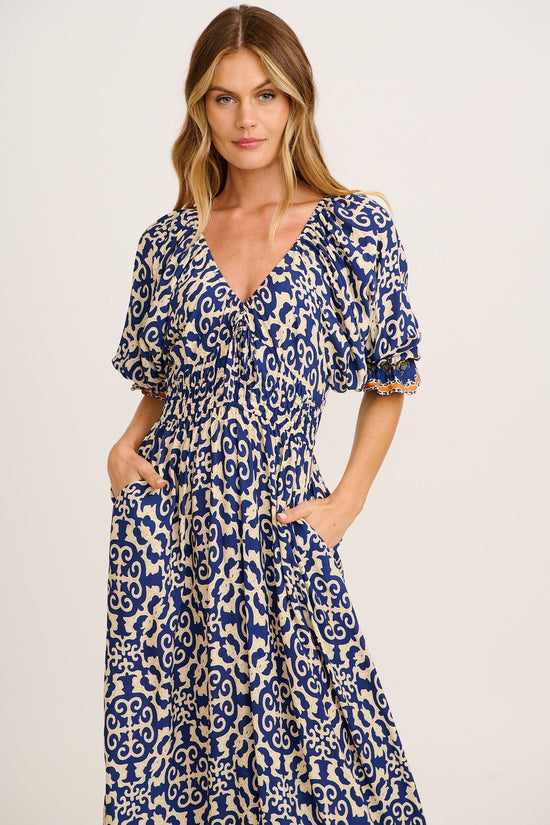 Nona Midi Dress in Navy and Cream Print OMFORT