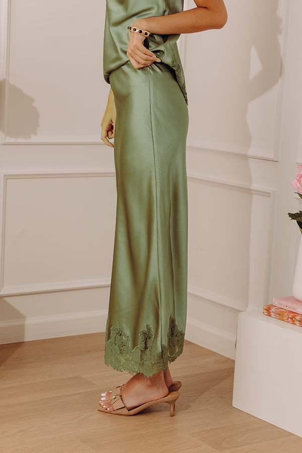 Opulent Ease High Waist Satin Lace Trim Midi Skirt in Sage OMFORT