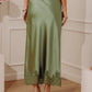 Opulent Ease High Waist Satin Lace Trim Midi Skirt in Sage OMFORT