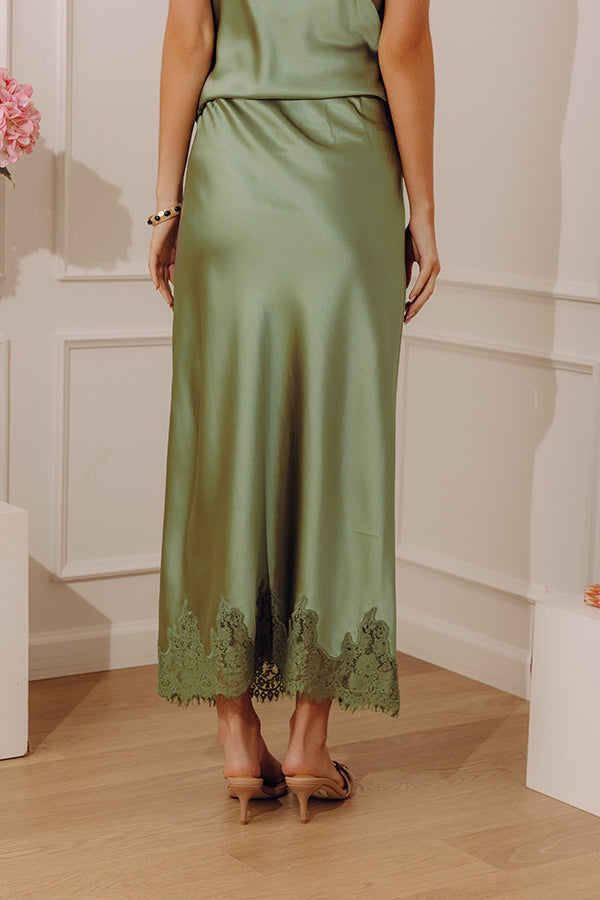 Opulent Ease High Waist Satin Lace Trim Midi Skirt in Sage OMFORT