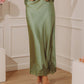 Opulent Ease High Waist Satin Lace Trim Midi Skirt in Sage OMFORT