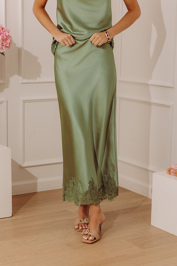 Opulent Ease High Waist Satin Lace Trim Midi Skirt in Sage OMFORT