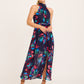 Kiss Me Halter Neck Maxi Dress in Ink with Multi Floral OMFORT