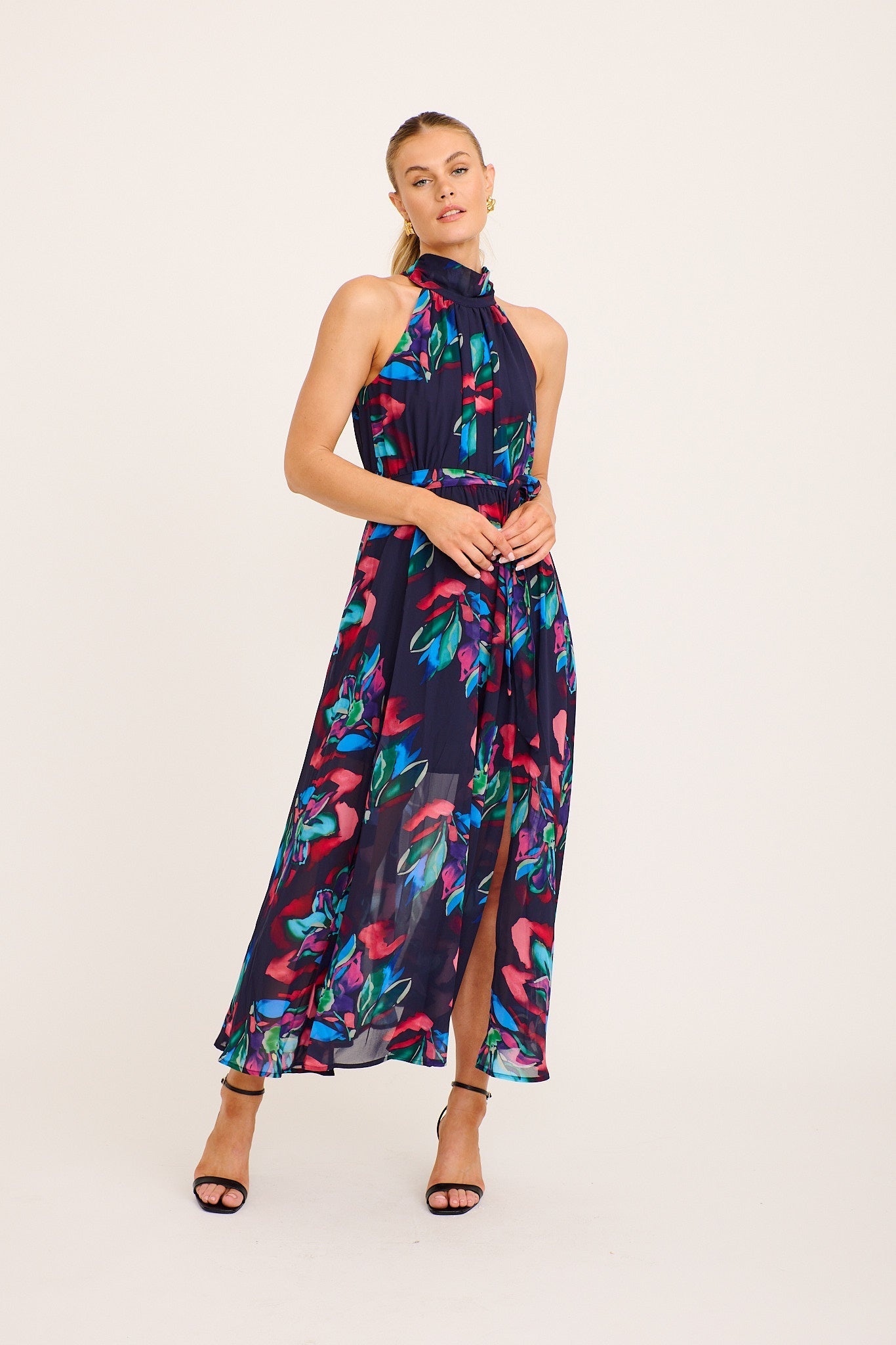 Kiss Me Halter Neck Maxi Dress in Ink with Multi Floral OMFORT