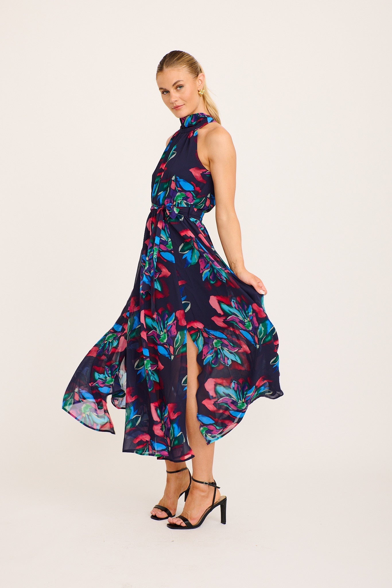Kiss Me Halter Neck Maxi Dress in Ink with Multi Floral OMFORT