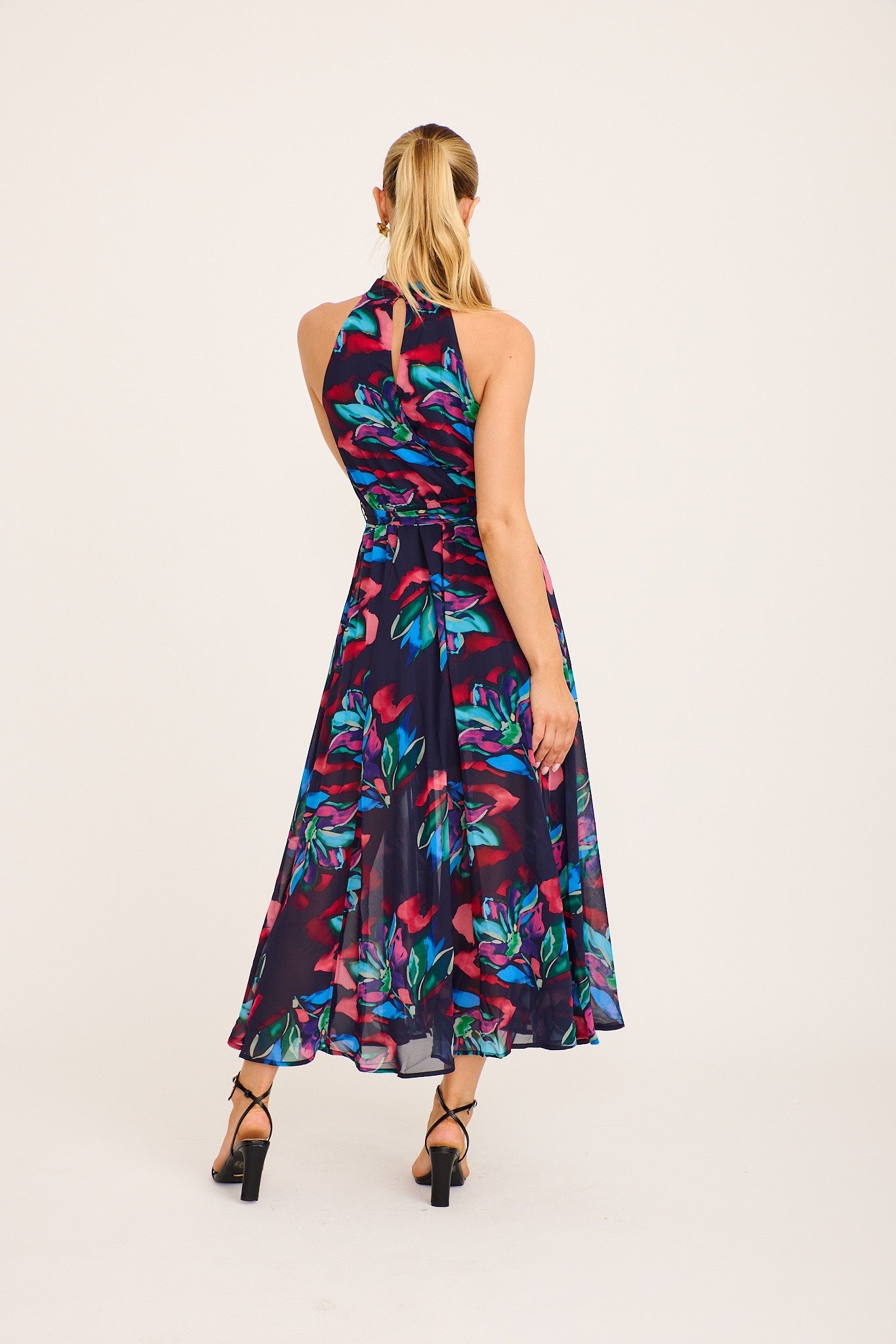 Kiss Me Halter Neck Maxi Dress in Ink with Multi Floral OMFORT