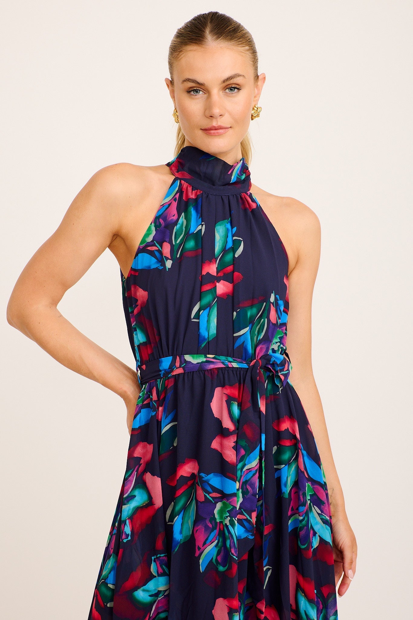 Kiss Me Halter Neck Maxi Dress in Ink with Multi Floral OMFORT
