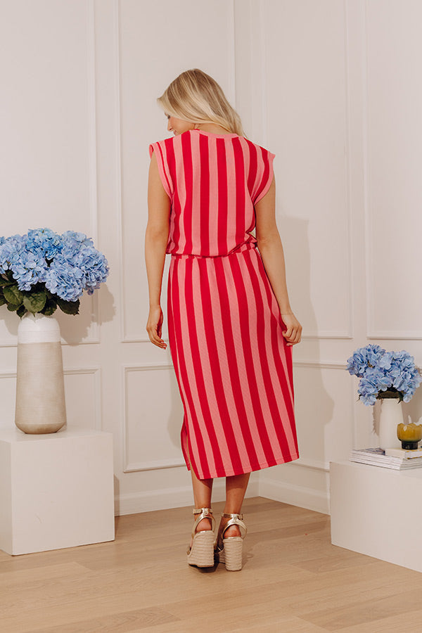 Weekend Stroll Stripe Knit Midi Dress in Pink OMFORT