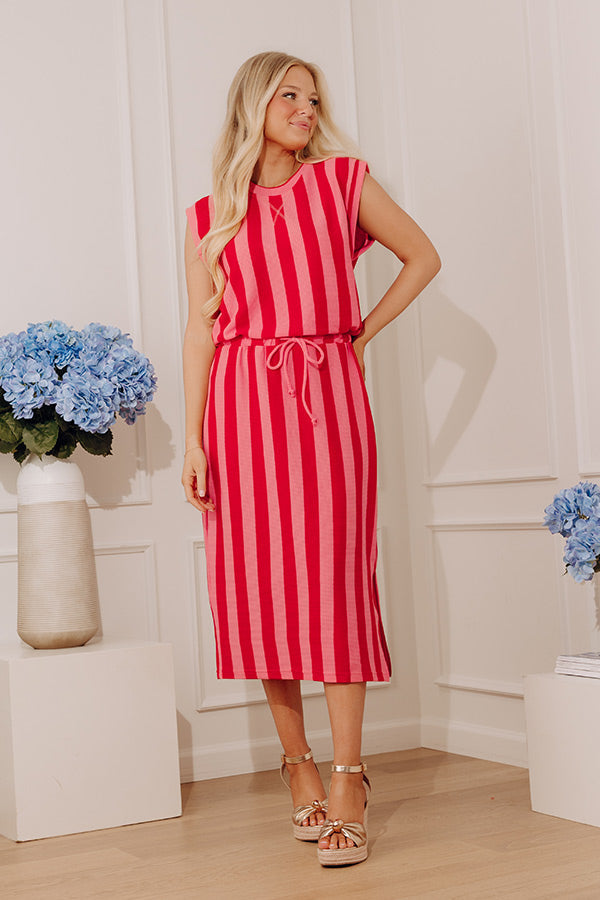 Weekend Stroll Stripe Knit Midi Dress in Pink OMFORT