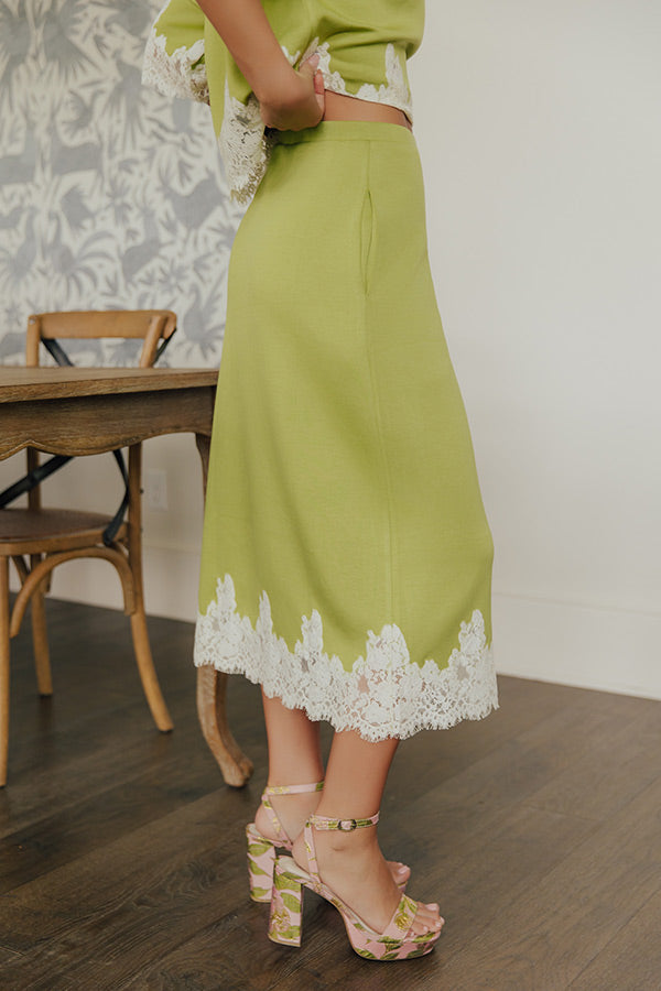 Evening Ease High Waist Scuba Midi Skirt in Lime Punch OMFORT