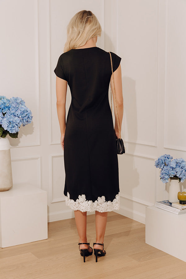 Evening Ease Lace Trim Scuba Midi Dress in Black OMFORT