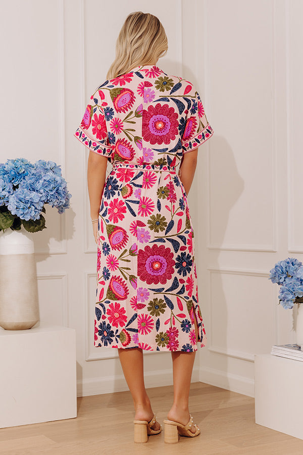 Tuscan Sun Floral Button Down Midi Dress in Pink OMFORT