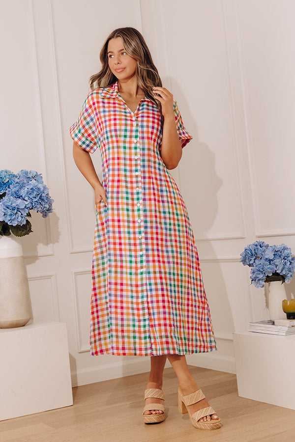 Simple Joy Button Down Gingham Midi Dress mysite