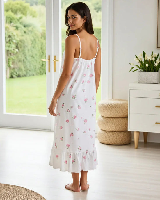 Pink Floral Lace Trim Long Nightgown OMFORT