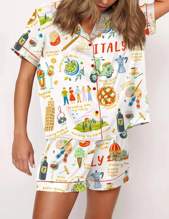 Italian Vacation Silky Satin Pajama Set OMFORT