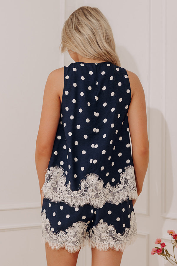 Uptown Ease Lace Trim Top in Navy OMFORT