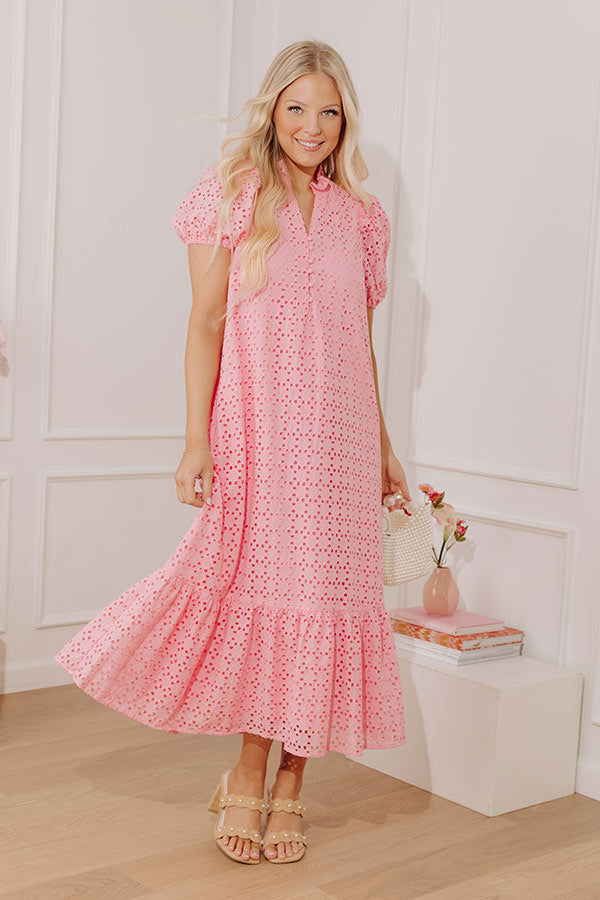 Easy Grace Eyelet Midi Dress in Pink OMFORT