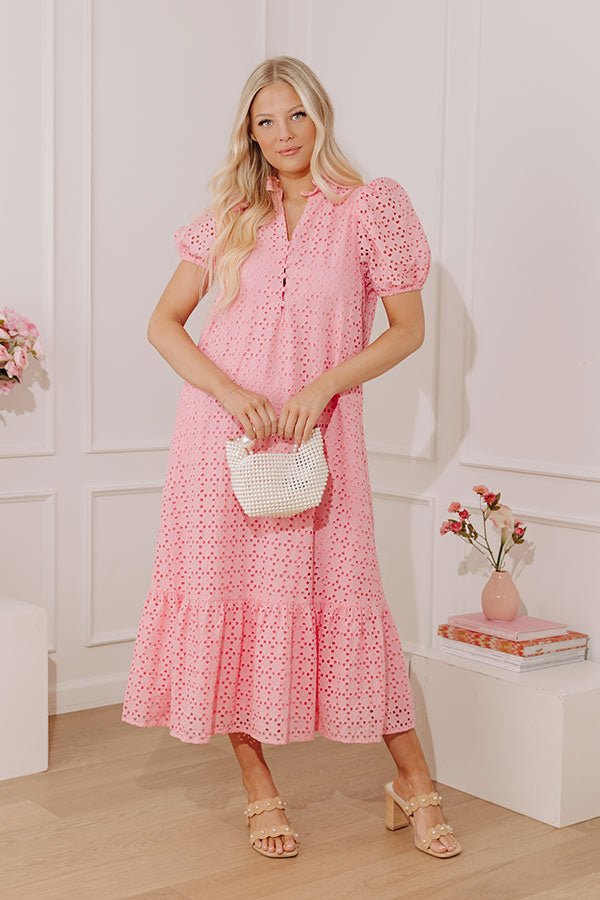 Easy Grace Eyelet Midi Dress in Pink OMFORT