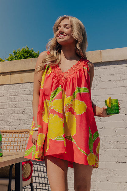 Santorini Bloom Lace Trim Floral Mini Dress mysite