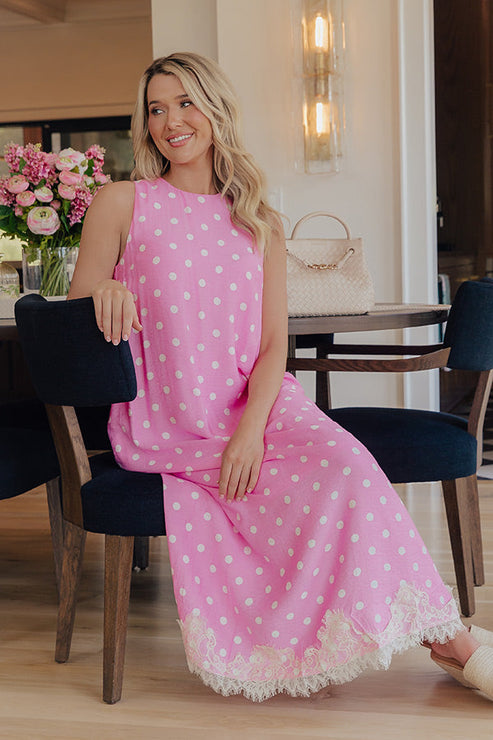 Uptown Ease Polka Dot Midi Dress in Pink OMFORT