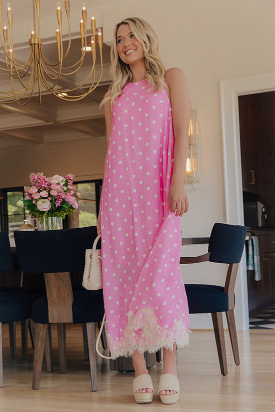Uptown Ease Polka Dot Midi Dress in Pink OMFORT