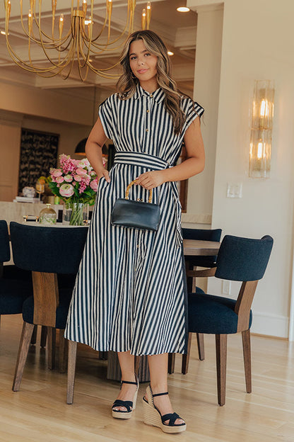 Resort Plans Linen-Blend Stripe Midi Dress OMFORT