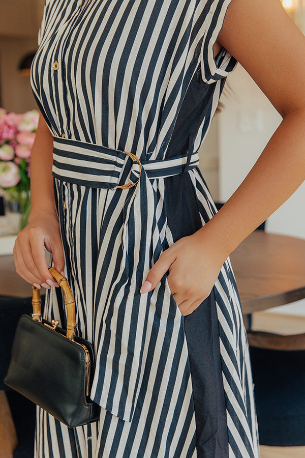 Resort Plans Linen-Blend Stripe Midi Dress OMFORT