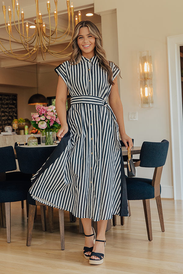 Resort Plans Linen-Blend Stripe Midi Dress OMFORT
